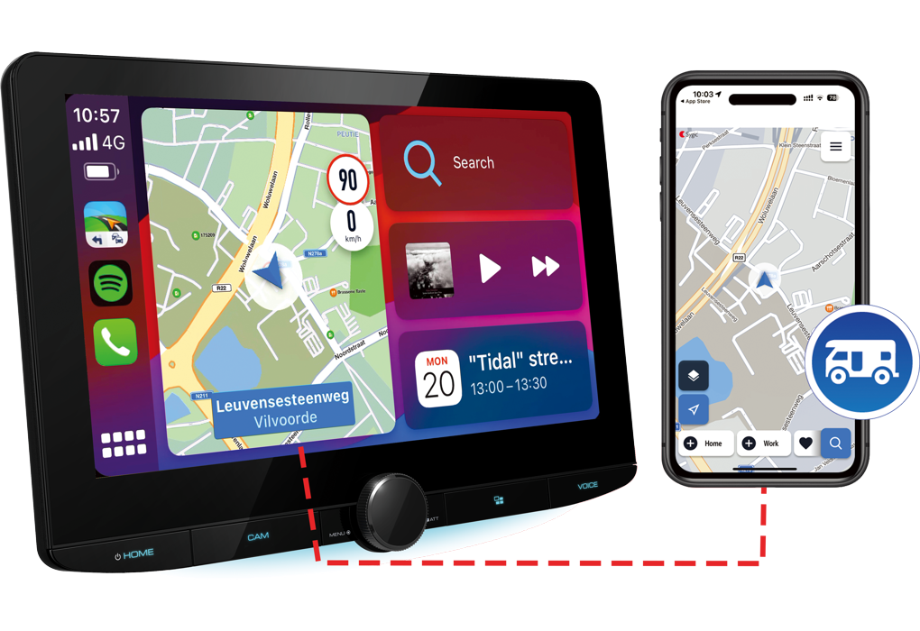 20_DMX9720XDS_angle_CP_Sygic_iphone Kenwood DMX9720XDS Camper navigatie 10.1 inch met Sygic GPS systeem met 3 jarige licentie